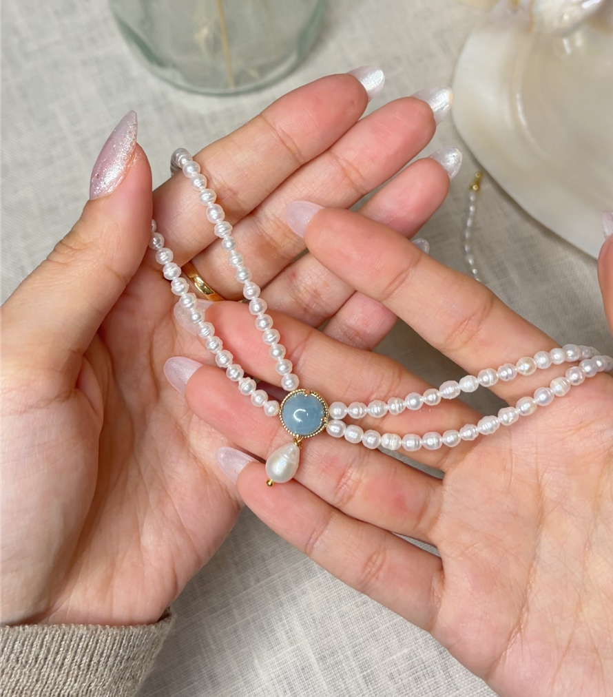 Aquamarine Baby Pearl Necklace